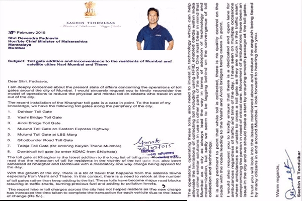 Sachin tendulkar asks maharashtra cm fadnavis to tackle toll menace